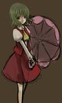  brown_background green_hair kazami_yuuka monmon parasol red_eyes short_hair simple_background skirt skirt_set smile solo standing touhou umbrella vest 