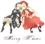  bad_id bad_pixiv_id blonde_hair bonnet boots christmas closed_eyes doll_joints dress ekeo hairband hat holding_hands knee_boots kunkun long_hair multiple_girls rozen_maiden santa_hat shinku silver_hair sleeping stuffed_animal stuffed_dog stuffed_toy suigintou twintails 