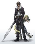  akagishi_k belt blonde_hair brown_hair dissidia_final_fantasy final_fantasy final_fantasy_ix final_fantasy_viii fur_trim gloves gunblade height_difference highres jacket jewelry male_focus multiple_belts multiple_boys necklace scar squall_leonhart tail tail_wrap weapon zidane_tribal 