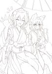  2girls animal_ears bird_wings closed_eyes commentary_request cup dango detached_sleeves facing_viewer feathered_wings food greyscale hat highres holding holding_cup holding_skewer inubashiri_momiji japanese_clothes kagami_toufu kimono kourindou_tengu_costume looking_at_viewer monochrome multiple_girls notice_lines obi obijime official_alternate_costume open_mouth pelvic_curtain pointy_ears pom_pom_(clothes) ribbon-trimmed_thighhighs ribbon_trim sash shameimaru_aya side_slit sitting skewer smile sweatdrop tail thighhighs tokin_hat touhou wagashi waving wings wolf_ears wolf_girl wolf_tail yunomi 