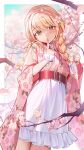  1girl belt blonde_hair blush braid breasts cherry_blossoms commentary_request fang finger_to_mouth fujita_kotone gakuen_idolmaster hair_ribbon highres idolmaster japanese_clothes kainown kimono long_hair looking_at_viewer open_mouth pink_kimono pleated_skirt ribbon skirt small_breasts solo twin_braids white_skirt yellow_eyes 