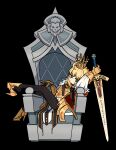  1girl ahoge armor artoria_pendragon_(fate) black_background black_pantyhose blonde_hair breastplate caliburn_(fate) cape closed_mouth commentary crown english_commentary fate/grand_order fate_(series) frown fur-trimmed_cape fur_trim gold_gauntlets green_eyes high_heels highres holding holding_sword holding_weapon leg_up long_sleeves looking_at_viewer lord_logres_(fate) lord_logres_(first_ascension)_(fate) lounging lying madocactus on_throne pantyhose simple_background sitting solo sword throne weapon 