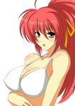  bikini blush breasts cleavage large_breasts long_hair lyrical_nanoha mahou_shoujo_lyrical_nanoha open_mouth ponytail red_eyes red_hair signum solo swimsuit 