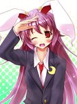 animal_ears bangs blush bunny_ears crescent_moon hand_on_head long_hair long_sleeves looking_at_viewer moon necktie one_eye_closed open_mouth purple_hair red_eyes reisen_udongein_inaba scarlet_(studioscr) smile solo touhou 