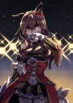  1girl absurdres animal_ears bare_shoulders breasts brown_hair cleavage commentary_request corset crying detached_sleeves dress ear_covers ear_ornament gentildonna_(regina_dei_fiori)_(umamusume) gentildonna_(umamusume) gloves hair_between_eyes hair_ornament heart-shaped_ornament heart_ear_ornament highres horse_ears horse_girl large_breasts long_hair looking_at_viewer red_corset red_eyes see-through_cleavage see-through_clothes solo sweat takatsuki_nato tears umamusume white_gloves 