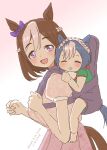  2girls aged_down alternate_costume animal_ears baby baby_carry blue_hair bow braid breasts brown_hair carrying carrying_baby carrying_person cesario_(umamusume) commentary_request dated ear_bow ear_ribbon half_up_braid hashikurao highres horse_ears horse_girl large_breasts looking_at_viewer multicolored_hair multiple_girls open_mouth parent_and_child purple_bow purple_eyes shirt short_hair smile special_week_(umamusume) two-tone_hair umamusume umamusume_horse_relations white_hair 