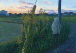 1girl absurdres artist_name blunt_bangs building commentary_request full_body grass highres hime_cut house long_hair original road rural scenery solo sugita_magari tall_grass town utility_pole weeds white_hair 