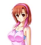  bandana breasts camisole jewelry large_breasts megami_ibunroku_devil_survivor necklace orange_eyes orange_hair pink ribbon short_hair solo tanigawa_yuzu 