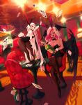  2girls ace_(playing_card) ace_of_spades animal_ear_hairband animal_ears black_bow black_bowtie black_eyeshadow black_leotard black_shoes black_tongue black_wings black_wrist_cuffs bottle bow bowtie breasts card champagne_bottle character_request cleavage closed_eyes collar colored_inner_hair commentary crossed_legs detached_collar eyeshadow facial_mark fake_animal_ears fang feathered_wings hairband heart heart_facial_mark henrie_(henriehour) high_heels highres holding holding_bottle indie_virtual_youtuber jack_(playing_card) jack_of_clubs_(playing_card) jack_of_hearts king_(playing_card) king_of_diamonds leotard long_hair makeup multicolored_hair multiple_girls on_table one_eye_closed open_mouth pantyhose pink_hair playing_card rabbit_ear_hairband rabbit_ears rabbit_tail red_eyes seven_of_diamonds seven_of_hearts shoes sitting spade_(shape) strapless strapless_leotard table tail three_of_clubs trickywi two_of_diamonds virtual_youtuber white_collar white_hair wings wrist_cuffs 