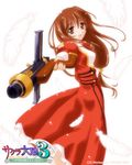  brown_eyes brown_hair dress erica_fontaine feathers gun long_hair low-tied_long_hair sakura_taisen sakura_taisen_iii smile solo submachine_gun tokino weapon 