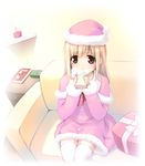  blonde_hair brown_eyes christmas copyright_request cup gift hat holding holding_gift ooji pink_santa_costume santa_costume santa_hat solo thighhighs zettai_ryouiki 