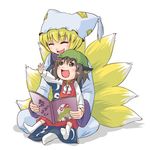  abekawa animal_ears blonde_hair blush book brown_hair chen fox_tail happy hat long_sleeves multiple_girls multiple_tails pillow_hat reading short_hair sitting sitting_on_lap sitting_on_person socks tail tassel touhou wide_sleeves yakumo_ran yakumo_yukari 