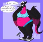 2022 4_claws 4_fingers 4_toes anthro barefoot belly big_belly big_breasts biped black_body black_membrane black_scales black_tail black_text black_wings blue_bottomwear blue_clothing blue_eyes blue_shirt blue_shorts blue_tank_top blue_topwear bodily_fluids border bottomwear breasts claws clothed clothed_anthro clothed_female clothing colored countershade_neck countershade_scales countershade_tail countershade_torso countershading dragon english_description english_text european_mythology exclamation_point fat_shaming feet female female_anthro fingers flying_sweatdrops front_view frustrated full-length_portrait grey_speech_bubble hi_res linked_speech_bubble membrane_(anatomy) membranous_wings mythological_creature mythological_scalie mythology navel non-mammal_breasts non-mammal_navel obese obese_anthro obese_female overweight overweight_anthro overweight_female pink_body pink_countershading polygonal_speech_bubble portrait pupils purple_border rosa_(highcaloriesand) scales scalie shirt shorts simple_background solo speech_bubble standing strawberrymilkdog sweat sweatdrop tail talking_to_self tank_top text three-quarter_view toes topwear watermark weighing_scale weight_conscious weight_gain western_dragon white_speech_bubble wide_eyed wings