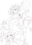  2girls anger_vein angry animal_ears bird_wings collared_shirt commentary_request detached_sleeves feathered_wings flying frilled_skirt frills geta greyscale hat highres holding holding_unworn_clothes holding_unworn_hat inubashiri_momiji kagami_toufu kneehighs missing_headwear monochrome multiple_girls neck_ribbon open_mouth pointy_ears pom_pom_(clothes) puffy_short_sleeves puffy_sleeves ribbon shameimaru_aya shirt shoes short_sleeves skirt smile socks tail tengu-geta tokin_hat touhou unworn_hat unworn_headwear wings wolf_ears wolf_girl wolf_tail 
