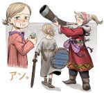  1girl ann_(pokoro) blonde_hair blush boots child crying crying_with_eyes_open dress fur_trim green_eyes highres holding holding_sword holding_weapon multiple_views original pokoro ponytail scabbard sheath shield snot standing sword tears twintails wavy_eyes weapon wooden_sword 