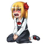  1girl blush crying crying_with_eyes_open fangs hair_ribbon red_eyes ribbon rumia sad sitting sobbing solo tears touhou 