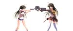  ahoge amafuku_amane at_gunpoint black_hair blue_eyes bullpup buruma five-seven_(gun) gun gun_to_head guren_ni_somaru_gin_no_rozario gym_uniform handgun holding holding_gun holding_weapon kayura_yuka long_hair mexican_standoff multiple_girls p90 pistol school_uniform siblings sisters submachine_gun thighhighs twins weapon 