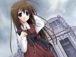  blue_eyes brown_hair cloud long_hair rain ribbon shiro_(octet) sky solo symphonic_rain tortinita_fine 