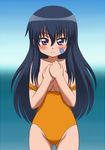  awa black_hair blush breasts covering covering_breasts kemeko_deluxe kurosaki_ryoko long_hair lowres one-piece_swimsuit purple_eyes small_breasts solo swimsuit swimsuit_pull 