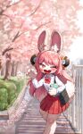  1girl absurdres ahoge animal_ear_fluff animal_ears bag blush book bow bowtie buck_teeth bush cherry_blossoms commentary day feet_out_of_frame furry furry_female highres holding holding_book long_hair looking_at_viewer one_eye_closed open_mouth outdoors path pepper_gecko72 petals pink_fur pink_hair pink_petals pleated_skirt rabbit_ears rabbit_girl rabbit_tail railing red_bow red_eyes red_skirt school_bag school_uniform skirt solo spring_(season) sunlight tail teeth untranslatable_commentary zenless_zone_zero zhao_(zenless_zone_zero) 