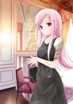  dress hair_ornament hairpin long_hair lucy_maria_misora mikaze_takashi mirror pink_hair red_eyes smile solo steepled_fingers to_heart_2 