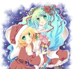  aqua_hair bad_id bad_pixiv_id blonde_hair christmas detached_sleeves gift green_eyes hatsune_miku holding holding_gift jinnoki_yatsumi kagamine_rin long_hair multiple_girls pantyhose santa_costume twintails very_long_hair vocaloid 