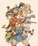  ayla_(chrono_trigger) blonde_hair bow_(weapon) cape chrono_trigger club crono crossbow glasses gun headband helmet kaeru_(chrono_trigger) left-handed long_hair lucca_ashtear mappy_(manhole_opener) marle multiple_girls ponytail purple_hair red_hair robo shield short_hair sword weapon 