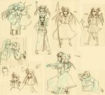  alice_margatroid boots braid flandre_scarlet hairband hat hong_meiling kirisame_marisa laevatein long_hair monochrome multiple_girls polearm remilia_scarlet short_hair sketch spear spear_the_gungnir torinone touhou twin_braids weapon wings yagokoro_eirin 