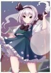  1girl black_bow black_bowtie black_hairband black_ribbon bloomers border bow bow_hairband bowtie closed_mouth commentary_request cowboy_shot falling_petals frilled_skirt frills green_skirt green_vest grey_eyes grey_hair hair_ribbon hairband highres hitodama_print konpaku_youmu konpaku_youmu_(ghost) looking_at_viewer midoro29 outdoors outside_border petals pink_petals print_skirt puffy_short_sleeves puffy_sleeves ribbon scabbard sheath shirt short_hair short_sleeves skirt solo standing sword sword_on_back torii touhou unsheathing vest weapon weapon_on_back white_bloomers white_border white_shirt 
