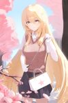  1girl absurdres bag blonde_hair breasts brown_sweater_vest cherry_blossoms closed_mouth collared_shirt commentary elbow_gloves gloves grey_skirt handbag highres jisang753 large_breasts long_hair looking_at_viewer miniskirt outdoors petals pink_petals pleated_skirt school_emblem school_uniform shirt shokuhou_misaki short_sleeves skirt smile solo spring_(season) star-shaped_pupils star_(symbol) star_print summer_uniform sweater_vest symbol-shaped_pupils toaru_kagaku_no_mental_out toaru_kagaku_no_railgun toaru_majutsu_no_index tokiwadai_school_uniform tree v-neck very_long_hair white_gloves white_shirt yellow_eyes 