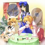  artist_request blonde_hair bottle cake christmas christmas_tree fairy food luna_child multiple_girls star_sapphire sunny_milk table touhou wings 