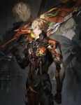  1boy absurdres blonde_hair chromatic_aberration commentary english_commentary greatsword highres holding holding_sword holding_weapon horns kamui:_aeternion_(pgr) kamui:_bastion_(pgr) kamui:_tenebrion_(pgr) kamui_(pgr) looking_to_the_side male_focus mechabare mechanical_arms multiple_views over_shoulder parted_lips punishing:_gray_raven secretfj520 single_horn sword sword_over_shoulder weapon weapon_over_shoulder yellow_eyes 