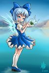  blue_eyes blue_hair cirno dated dress frills frog frozen frozen_frog ice lake madkoifish mountain smirk solo touhou 