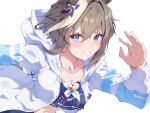  1girl animal_ears bikini bikini_shorts blue_bikini blue_eyes blue_swim_trunks blush braid breasts brown_hair cheval_grand_(summer_calm_navy_drop)_(umamusume) cheval_grand_(umamusume) cleavage collarbone commentary_request commission hair_between_eyes half_up_braid half_up_half_down_braid heart heart_necklace highres hood hooded_jacket horse_ears horse_girl horse_tail jacket jewelry large_breasts long_sleeves looking_at_viewer multicolored_hair navel necklace official_alternate_costume official_alternate_hairstyle open_clothes open_jacket open_mouth pandoa_(mikage0495) running shorts skeb_commission solo streaked_hair swimsuit tail teeth umamusume upper_teeth_only white_hair white_jacket white_streaks 
