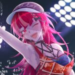  1girl armpits baseball_cap black_bow bow braid colored_skin commentary grey_skin hair_bow hat highres hololive hololive_indonesia kureiji_ollie long_hair multicolored_hair one_eye_closed open_mouth pawz212 pink_hair red_eyes red_hair smile solo stitched_face stitched_torso stitches streaked_hair teeth upper_body upper_teeth_only virtual_youtuber 