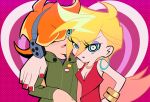  1boy 1girl absurdres blonde_hair blue_eyes blush breasts brief_(psg) commentary couple drawingmuscles dress earrings freckles ghostbusters_uniform gradient_hair green_hoodie hair_over_eyes headphones heart heart_background hetero highres hood hoodie hoop_earrings jewelry long_hair looking_at_viewer medium_breasts multicolored_hair necklace official_style open_mouth orange_hair panty_&amp;_stocking_with_garterbelt panty_(psg) pink_background polka_dot polka_dot_background red_dress red_nails short_hair smile untranslatable_commentary 