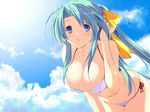  bikini blue_eyes breasts cleavage day game_cg green_hair large_breasts leaning_forward long_hair marionette_zero non-web_source ponytail solo swimsuit 