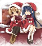  bad_id bad_pixiv_id blonde_hair blue_hair boots christmas closed_eyes furude_rika hat higurashi_no_naku_koro_ni houjou_satoko kneehighs long_hair multiple_girls pantyhose purple_eyes ringo_komachi sack santa_costume santa_hat scarf short_hair smile snow socks 