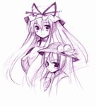  food fruit hat hinanawi_tenshi leaf monochrome multiple_girls peach purple seo_tatsuya sketch touhou yakumo_yukari 