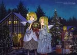  6+girls :d basket bird_wings blonde_hair blue_eyes building candle christmas christmas_ornaments christmas_tree christmas_wreath dog holding long_hair long_sleeves looking_at_viewer multiple_girls night open_mouth original outdoors pantyhose short_hair sky smile snow standing star takano_otohiko tree white_wings wings winter wreath 