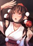  1girl :o arm_up bird_wings blush breasts brown_hair candy candy_apple collarbone commentary_request cross-laced_clothes feathered_wings festival fingernails fireworks food hat highres holding holding_candy holding_candy_apple holding_food japanese_clothes kagami_toufu kimono kourindou_tengu_costume large_breasts lips long_sleeves looking_to_the_side looking_up night obi obijime open_mouth pointy_ears pom_pom_(clothes) red_eyes red_hat red_sash reflection ribbon-trimmed_sleeves ribbon_trim sash shameimaru_aya short_hair sidelocks sky solo standing star_(sky) starry_sky teeth tokin_hat tongue touhou upper_body upper_teeth_only white_kimono white_sleeves wide_sleeves wings 