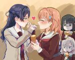  5girls :i aqua_neckerchief black_hair blue_eyes blunt_bangs blunt_ends blush bob_cut braid brown_background brown_cardigan brown_dress cardigan ceras_yanagida_lilienfeld closed_eyes coco_apollon commentary_request dress feeding flower flower_knot food food_on_hair green_eyes grey_hair hair_flower hair_ornament hair_ribbon half_up_braid hasu_no_sora_school_uniform hinoshita_kaho holding holding_food holding_ice_cream holding_ice_cream_cone holding_spoon ice_cream ice_cream_cone jealous link!_like!_love_live! long_hair long_sleeves love_live! medium_hair momose_ginko multiple_girls murano_sayaka mutual_feeding neckerchief open_cardigan open_clothes orange_hair otomune_kozue otomune_kozue_(post-graduation) pink_hair pink_ribbon pout purple_hair rabbit_hair_ornament red_neckerchief ribbon sailor_collar sailor_dress school_uniform short_hair spoon two_side_up upper_body utensil_in_mouth virtual_youtuber white_flower white_sailor_collar winter_uniform yellow_neckerchief yuri 