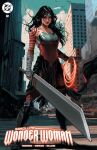 1girl absolute_dc absolute_wonder_woman amazon_warrior arm_wrap arms_at_sides bird black_boots black_hair blue_eyes bodysuit boots car city cloud commentary cover day dc_comics english_commentary eyelashes floating_hair full_body glowing highres holding holding_sword holding_weapon huge_weapon ivan_talavera knee_boots lamppost lasso lasso_of_truth legs_apart lifting_object long_hair motor_vehicle overskirt parted_hair pavement red_bodysuit red_lips red_tattoo road sky sleeveless sleeveless_bodysuit standing strapless_bodysuit street superhero_costume sword tattoo tattoo_sleeve tiara weapon western_comics_(style) wonder_woman_(absolute_dc) 