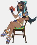  1girl absurdres armlet bare_shoulders beer_can belly_chain bikini black_hair blue_eyes blue_hair breasts can chair closed_mouth crop_top crossed_legs dark-skinned_female dark_skin drink_can earrings flowerpigeon gloves hair_bun highres holding holding_can holding_phone hoop_earrings jewelry long_hair makeup midriff multicolored_hair navel necklace nessa_(pokemon) on_chair phone pokemon pokemon_swsh rotom rotom_phone shoes shorts single_glove single_hair_bun sitting smile solo swimsuit tankini two-tone_hair 