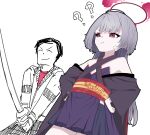  1boy 1girl :t ? ?? ^_^ absurdres ahoge arichi_masaomi arichi_masaomi_(cosplay) bandaid bandaid_on_cheek bandaid_on_face bare_shoulders black_hair black_kimono black_skirt blue_archive blunt_bangs blunt_ends bright_pupils chinese_commentary closed_eyes closed_mouth commentary confused cosplay cowboy_shot criss-cross_halter doodle_sensei_(blue_archive) dutch_angle eyeshadow flat_chest furrowed_brow grey_hair halo halterneck hands_on_own_hips highres hime_cut holding holding_sword holding_weapon hood hoodie japanese_clothes kimono long_hair long_sleeves looking_to_the_side makeup miniskirt murasame_(senren) murasame_(senren)_(cosplay) pleated_skirt red_eyes red_eyeshadow red_halo red_sash sash senren_banka sensei_(blue_archive) short_hair shuro_(blue_archive) sidelocks simple_background skirt smirk sword tsurime v-shaped_eyebrows v_arms very_long_hair weapon white_background white_pupils wide_sleeves zombt 