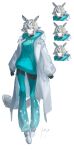  1girl absurdres animal_ears aqua_hoodie aqua_pants blue_hoodie boots coat expression_chart full_body gloves grey_hair hair_between_eyes highres hood hoodie horse_ears horse_girl horse_tail jojo_no_kimyou_na_bouken light_smile open_clothes open_coat original pants personification shoes slow_dancer_(jojo) spotted_hair star_(symbol) tail thigh_boots umamusume white_coat white_hair white_shoes yuiyui_(yuiyuiloveslys) 