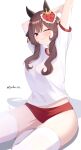  1girl animal_ears blush breasts brown_hair buruma commentary_request ear_covers ear_ornament gentildonna_(umamusume) gym_shirt hair_between_eyes hair_ornament heart-shaped_ornament heart_ear_ornament highres horse_ears horse_girl horse_tail large_breasts long_hair looking_at_viewer lryutanl midriff_peek one_eye_closed parted_lips red_buruma red_eyes shirt short_sleeves simple_background sitting smile solo stretching tail thighhighs thighs tracen_training_uniform umamusume white_background white_shirt white_thighhighs yokozuwari 