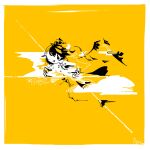  1girl 3ma_can_omochi abstract bird_wings camera facing_viewer full_body grin highres holding holding_camera monochrome open_mouth shameimaru_aya short_hair smile solo touhou wings yellow_background yellow_theme 