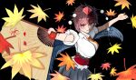  1girl autumn_leaves bird_wings black_background black_skirt brown_hair commentary_request hat highres leaf looking_at_viewer looking_to_the_side maple_leaf pom_pom_(clothes) red_eyes red_sash sash shameimaru_aya shirt short_hair short_sleeves skirt solo tokin_hat touhou user_xkrd4252 white_shirt wings 