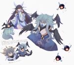  1girl 2boys ? ?? ascot bare_shoulders black_gloves black_hair black_mask black_wings blue_ascot blue_hair blue_shirt choker closed_eyes closed_mouth columbina_(genshin_impact) commentary cropped_legs cropped_shoulders dottore_(genshin_impact) dress earrings english_commentary english_text eye_mask genshin_impact gloves grey_hair hair_between_eyes halo halo_behind_head head_wings highres honkai:_star_rail honkai_(series) jewelry long_hair long_sleeves mask medium_hair mihoyo multicolored_hair multiple_boys multiple_wings nahidadoodler o-ring o-ring_choker open_mouth purple_hair shirt simple_background single_earring smile sunday_(honkai:_star_rail) thigh_strap very_long_hair white_background white_dress white_wings wings yellow_eyes 